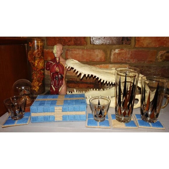 Vintage Blue Plastic Canvas Coaster Set 8 with Holder needlepoint handmade retro - Picture 7 of 10